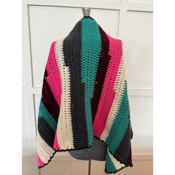 Hand Crocheted Shawl Large Eclectic Grandma Multicolor Striped Cabincore 46x22 - Picture 2 of 8